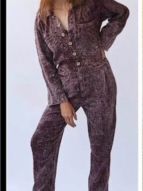 Free People Plum Textured Button-Front Jumpsuit